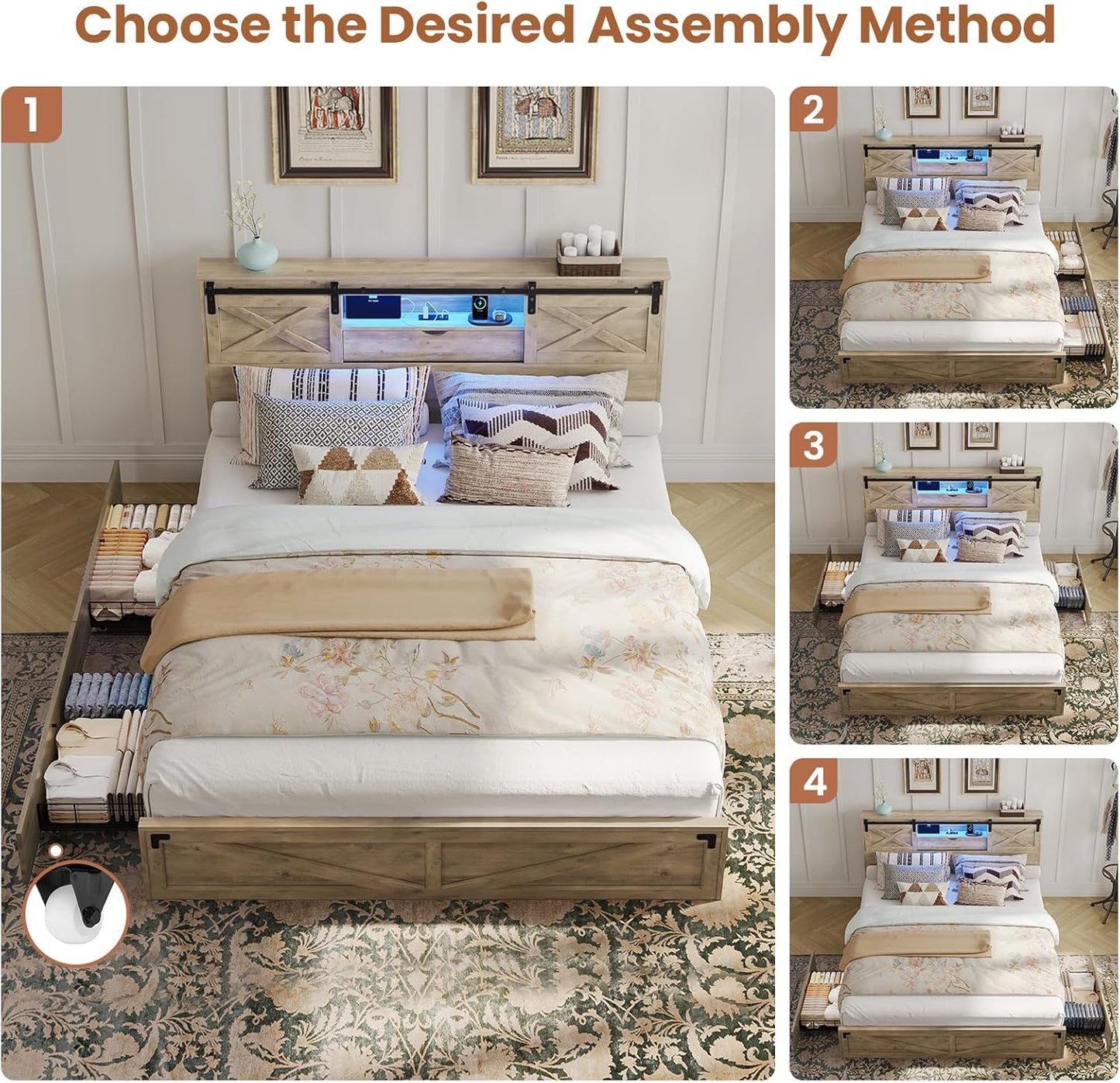 Farmhouse Bed Frame California King Size with Storage Bookcase Headboard, Wooden Cal King Bed with LED Lights, Charging Station, 2 Drawers, Country Rustic Bed Frame with Sliding Barn Door