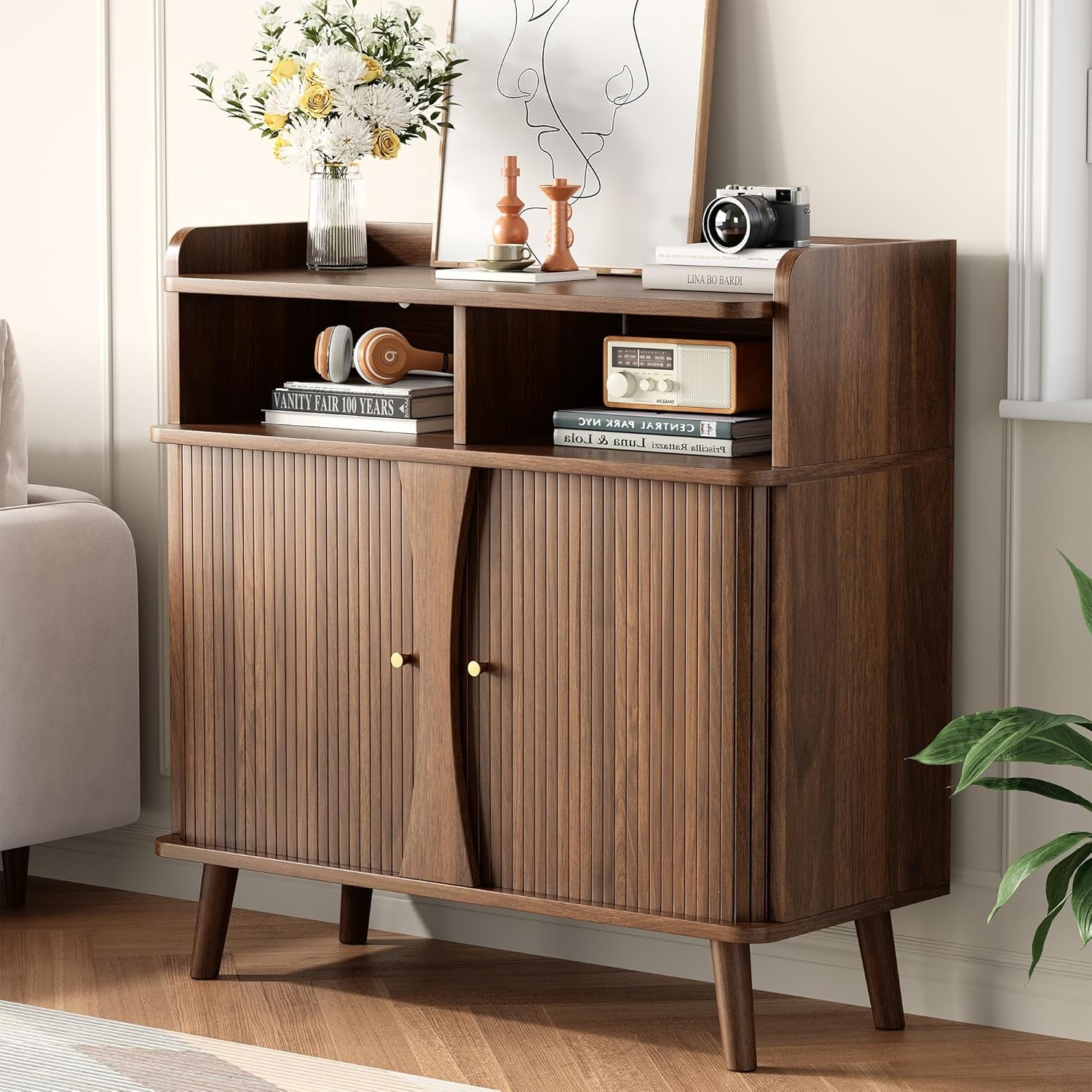 39" Buffet Sideboard Cabinet, Mid Century Modern Console Cabinet with Roller Shutter Sliding Doors & Adjustable Shelves for Kitchen Cabinets, Living Room, Entryway, Coffee Bar Cabinet (Walnut)