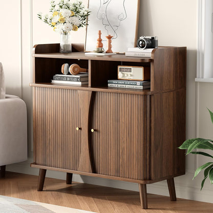 39" Buffet Sideboard Cabinet, Mid Century Modern Console Cabinet with Roller Shutter Sliding Doors & Adjustable Shelves for Kitchen Cabinets, Living Room, Entryway, Coffee Bar Cabinet (Walnut)