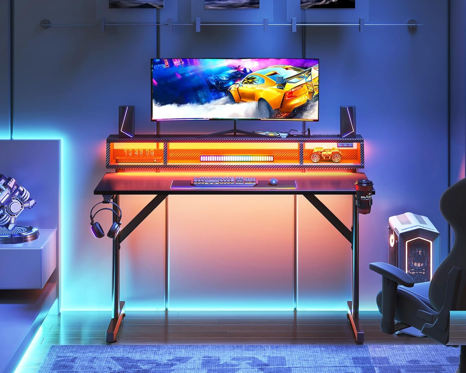 40 Inch Gaming Desk with LED Lights & Power Outlets, Small Computer Gaming Table with Float Monitor Stand, Kids Boys Desk with Carbon Fiber Texture