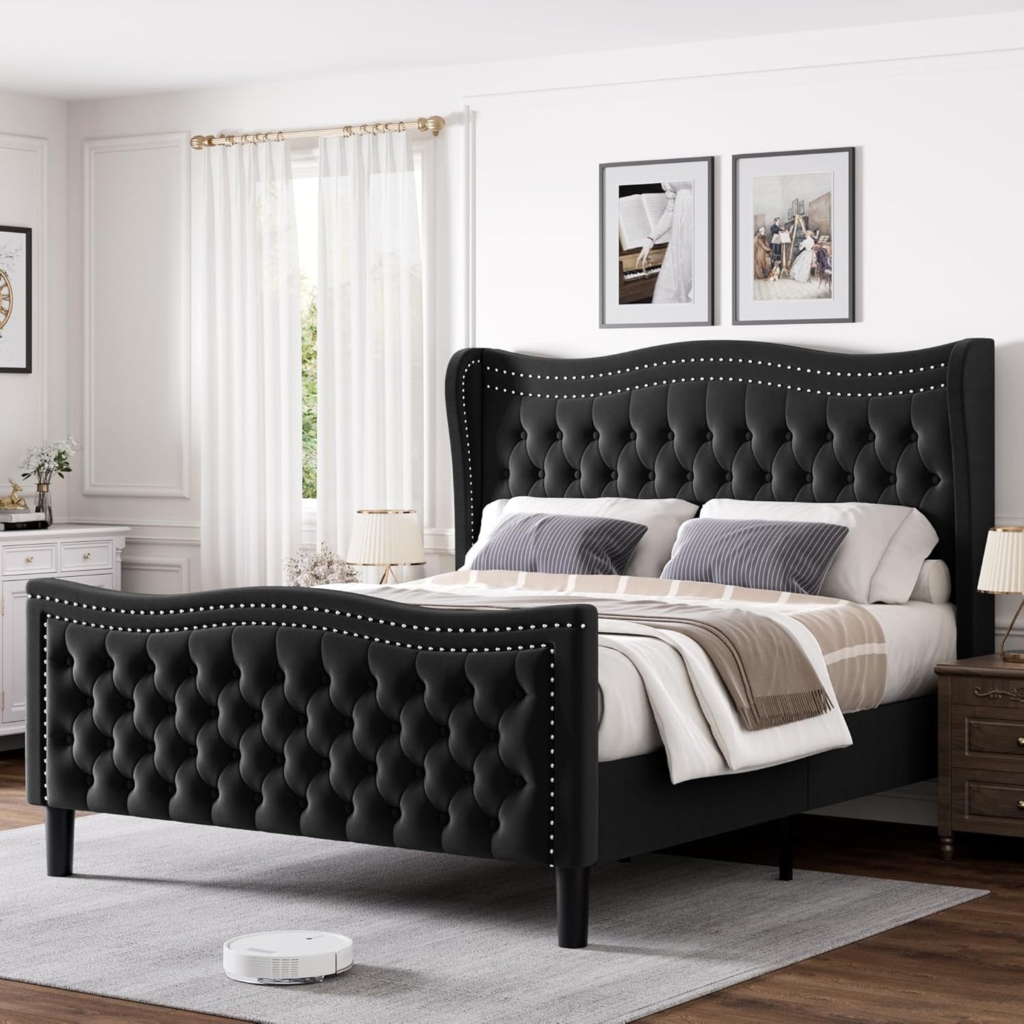 Queen Bed Frame with Tall Headboard & Footboard, Velvet Upholstered Platform Bed Frame with Deep Button Tufted Wingback, No Box Spring Needed, Noise Free, Black