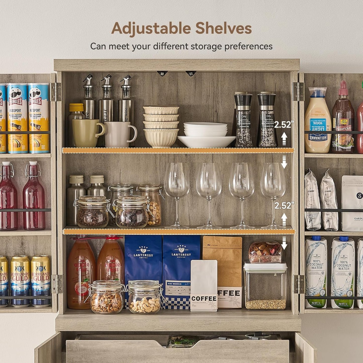 71" Tall Kitchen Pantry Cabinet, Pantry Storage Cabinet with 6 Door Shelves, Hidden Drawer and Adjustable Shelf, Freestanding Rustic Wood Pantry for Kitchen, Dining Room (Grey Oak)