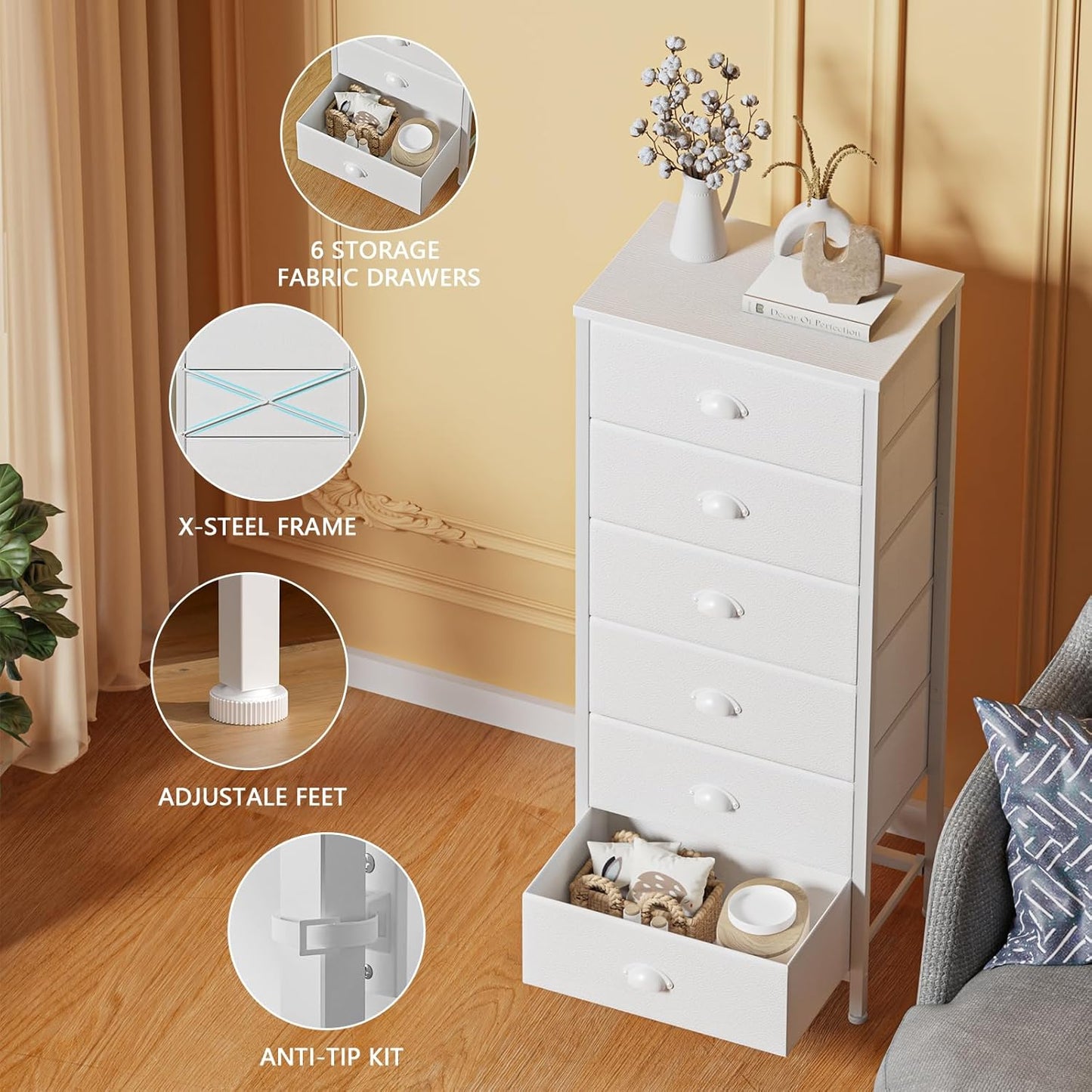 White Tall Dresser for Bedroom,Vertical Storage Tower Unit and End Table with 6 Fabric Drawers, Nightstand Furniture with Drawer Organizer in Living Room,Closet,Entryway,Hallyway