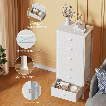 White Tall Dresser for Bedroom,Vertical Storage Tower Unit and End Table with 6 Fabric Drawers, Nightstand Furniture with Drawer Organizer in Living Room,Closet,Entryway,Hallyway