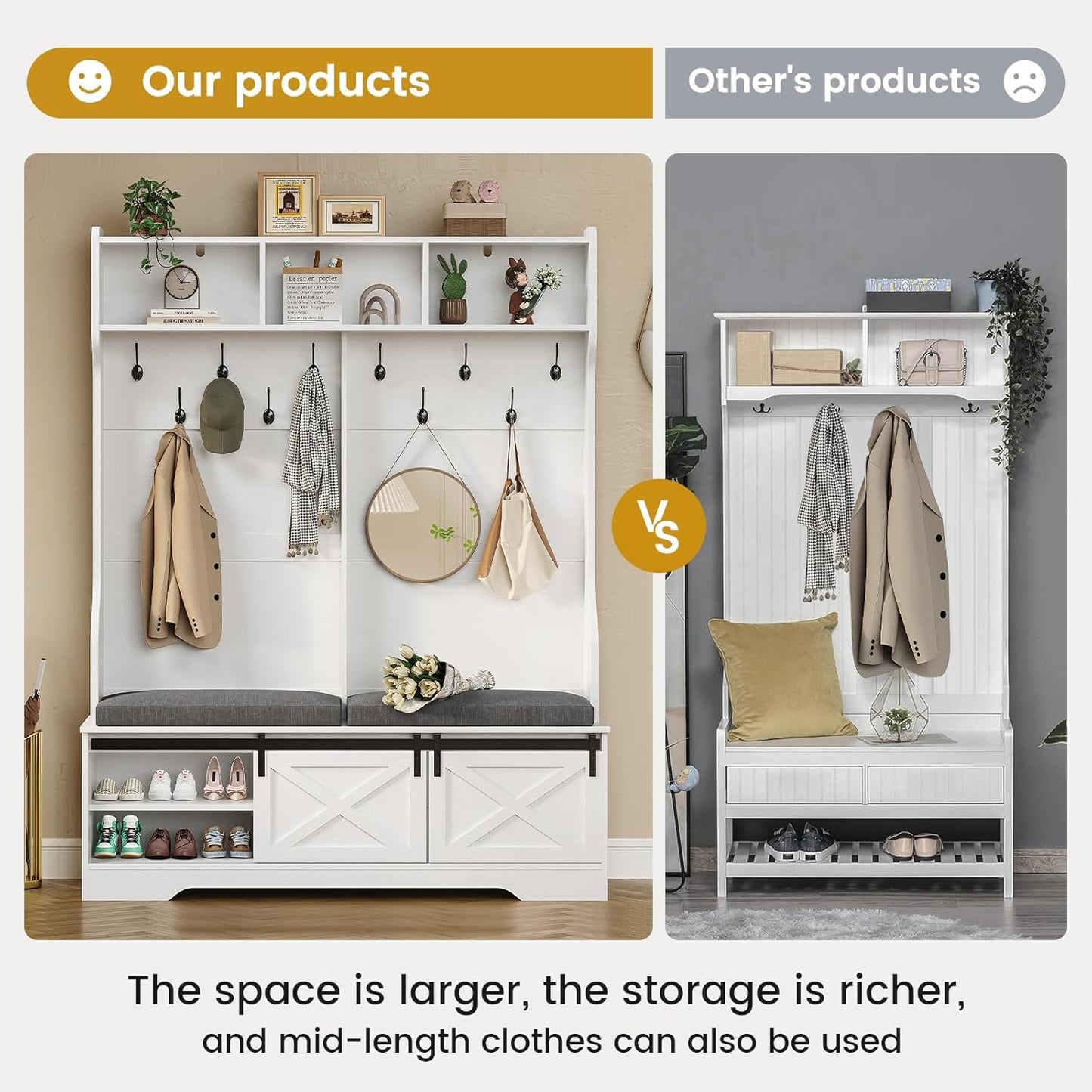 Hall Tree with Bench and Shoe Storage, Entryway Bench with Coat Rack, Modern Farm House Barn Door 3-In-1 Hall Tree with Storage Cushioned Stool and Hooks for Hallway, Living Room (60IN)