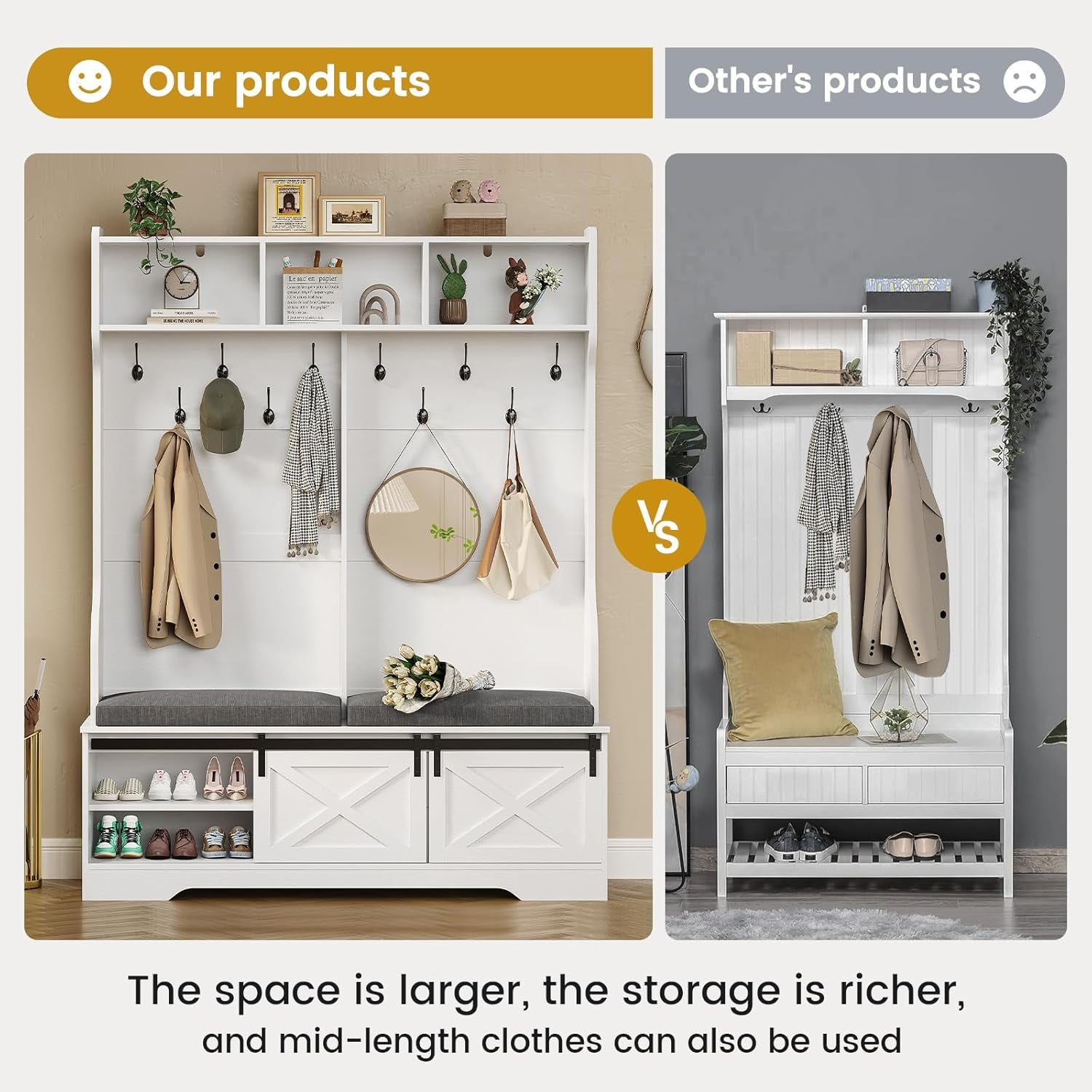 Hall Tree with Bench and Shoe Storage, Entryway Bench with Coat Rack, Modern Farm House Barn Door 3-In-1 Hall Tree with Storage Cushioned Stool and Hooks for Hallway, Living Room (60IN)