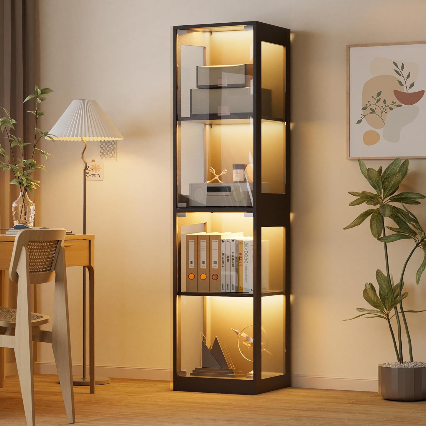 Glass Display Cabinet, 4-Tier Display Cases for Collectibles, Curio Cabinet with RGB Lights, Glass Bookcase Shelf Display Kids Toy Cabinets for Collectible, Living Room, Playroom (Black)