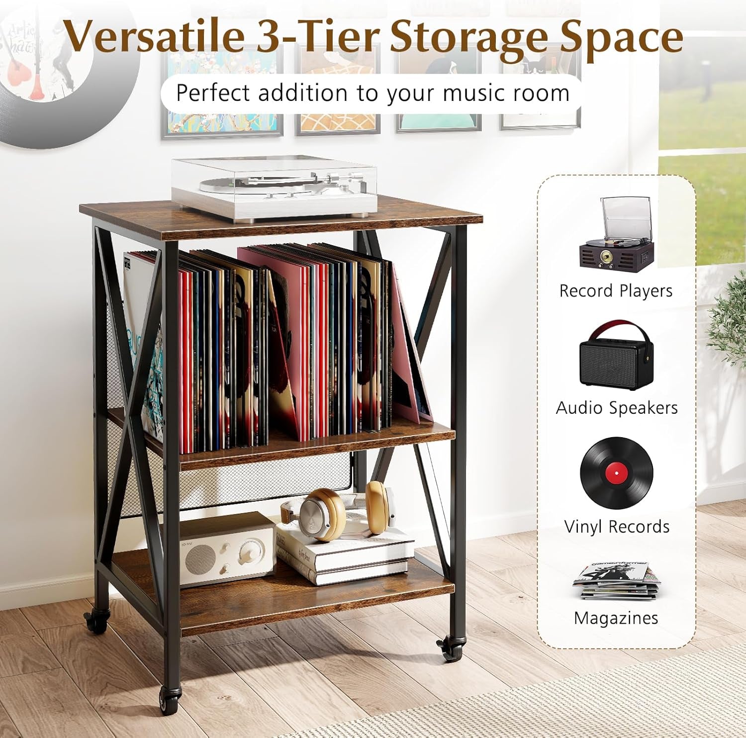 Record Player Stand with Charging Station, Turntable Stand with Adjustable Shelf, 4 Rolling Wheels, 3-Tier End Table Vinyl Record Storage Table for Living Room, Bedroom, Rustic Brown