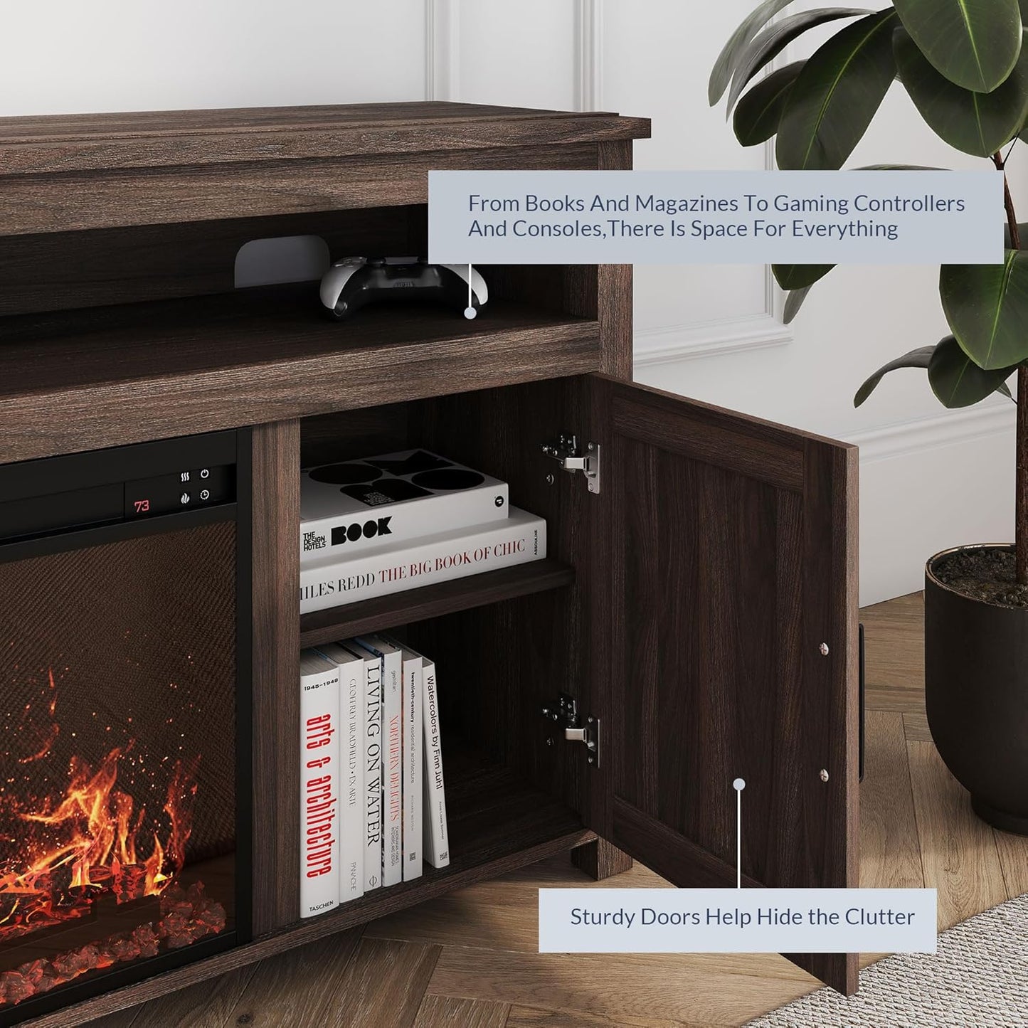 Barn Door Wood Electric Fireplace TV Stand for Tvs up to 65 Inches Open Shelves and Cabinets Media Entertainment Center Console Table - Corin (Dark Walnut)