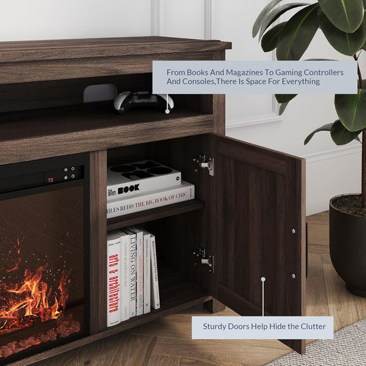 Barn Door Wood Electric Fireplace TV Stand for Tvs up to 65 Inches Open Shelves and Cabinets Media Entertainment Center Console Table - Corin (Dark Walnut)