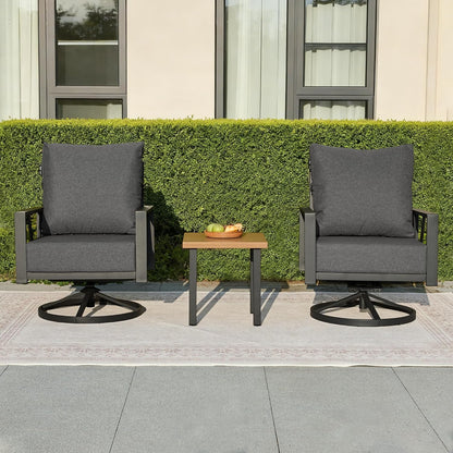 Outdoor Patio Swivel Rocking Chairs Set, Patio Porch Furniture with 6" Thick Cushions, 3 Pieces Outdoor Bistro Set with Coffee Table for Balcony, 350Lbs, Dark Grey