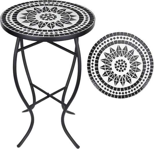Mosaic Patio Side Table Outdoor Accent Table Bistro Coffee Table Plant Stand Indoor Folding round End Table for Small Porch Balcony Backyard,Black