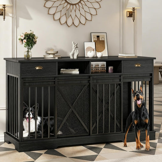Double Dog Crate Furniture, 63” Large Dog Kennel Furniture with Divider and Sliding Doors, Heavy Duty Dog Kennel Furniture with Drawers and Shelves for Living Room,Black