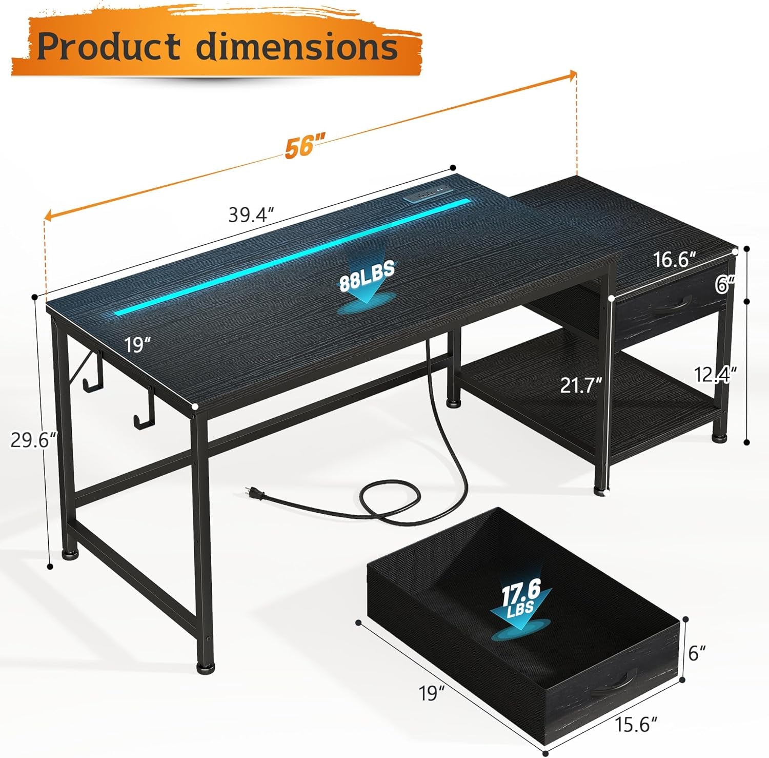 56 Inch Gaming Desk with Drawers and Shelf,Reversible Computer Desk with LED Lights and Power Outlets,Study Table with Hooks for Headphone,Bags,Black Desk Work Desk for Bedroom,Dorm