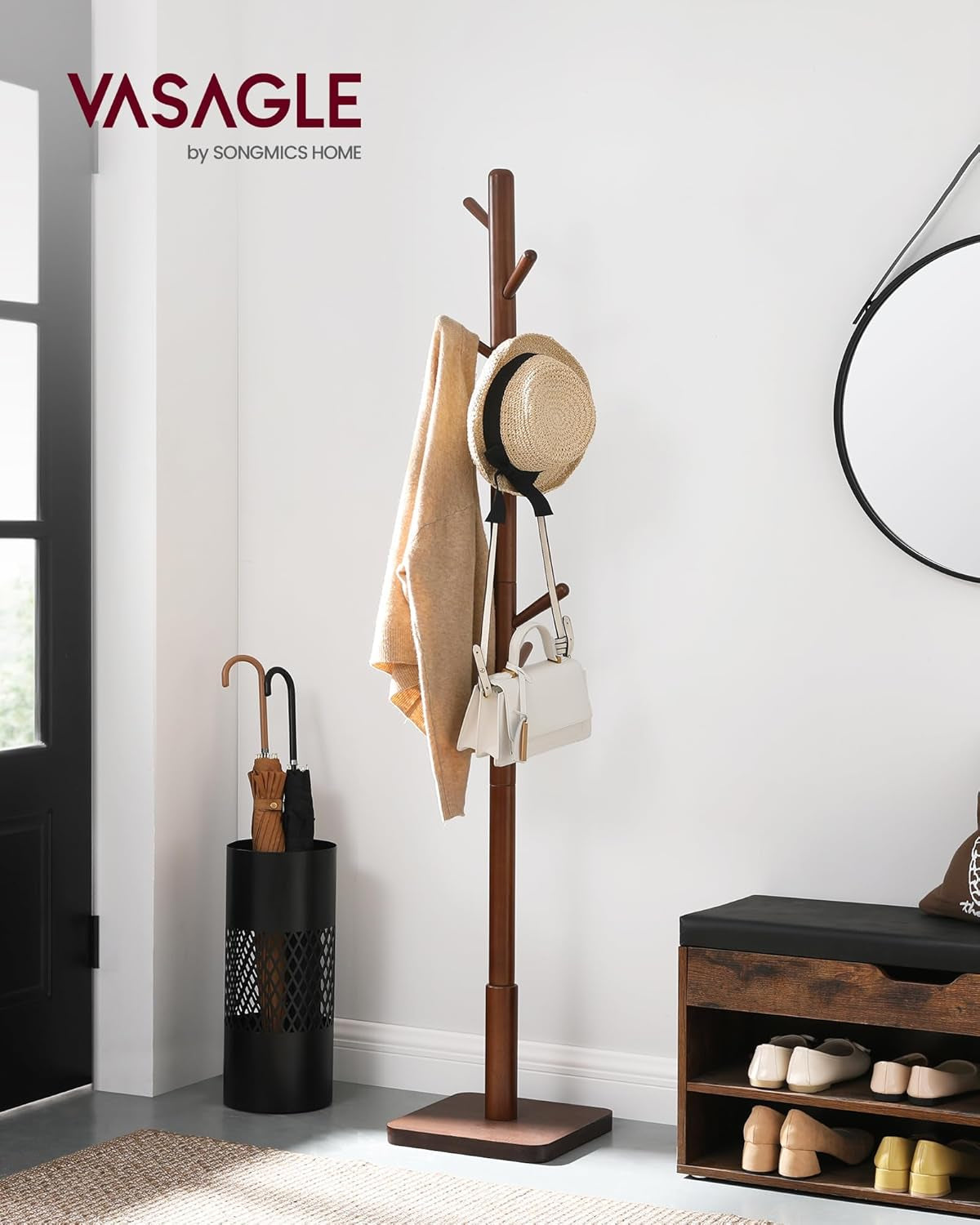 Solid Wood Coat Rack, Free Standing Hall Coat Tree with 8 Hooks, 3 Height Options, for Coats, Hats, Bags, Purses, for Entryway, Hallway, Rubberwood Hooks and Pole, Dark Walnut URCR010W01