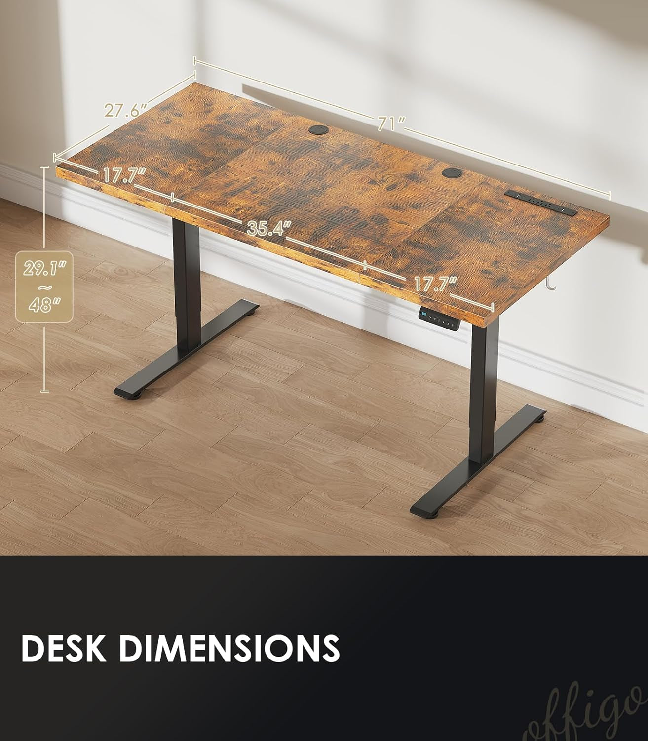 71 Inch Executive Electric Standing Desk, Height Adjustable Desk with Power Outlet & 1.38" Thick 3-Piece Desktop, Sit Stand Computer Desk for Home, Office, Conference Room, Rustic Brown