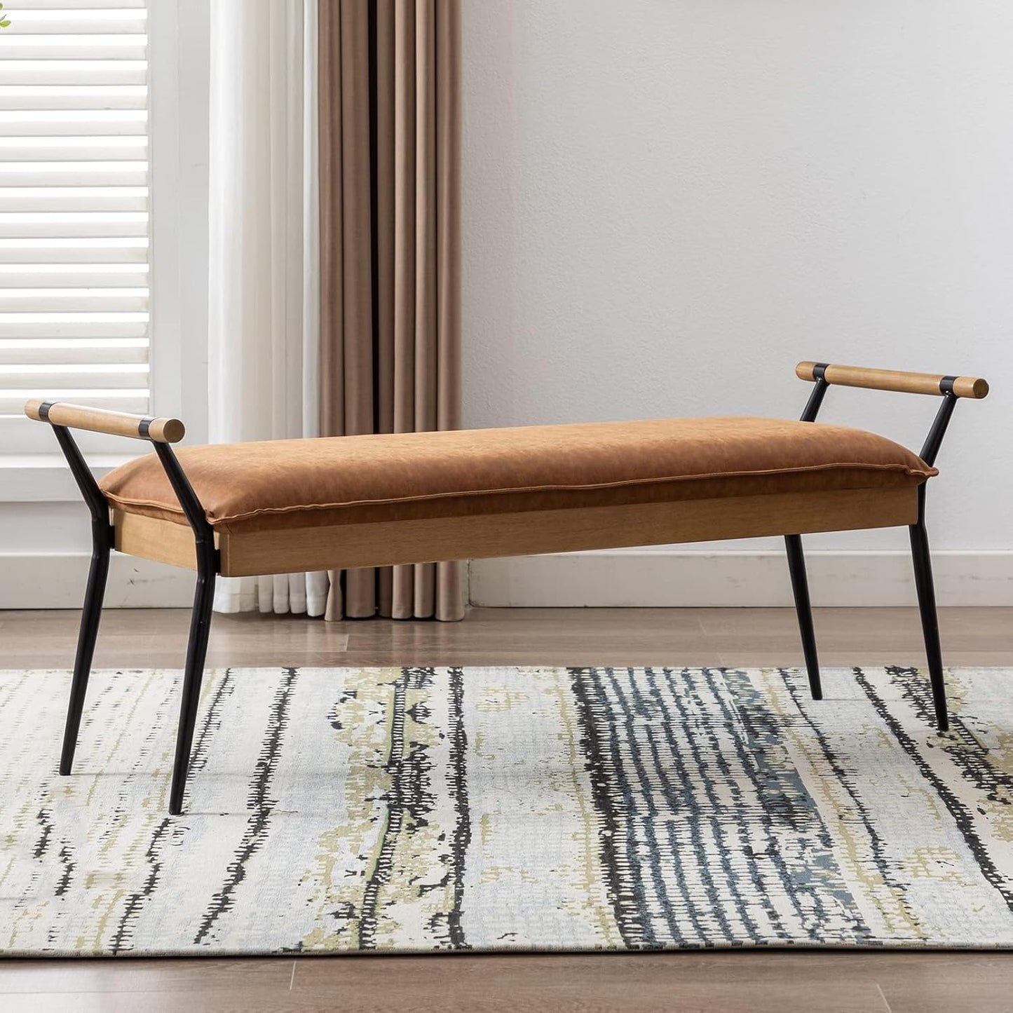 Modern Rectangle Ottoman Bench with Arms and Metal Legs, Mid Century PU Dining Table Bench Footstool Entryway Shoe Bench for Dining Room Bedroom Living Room, Brown