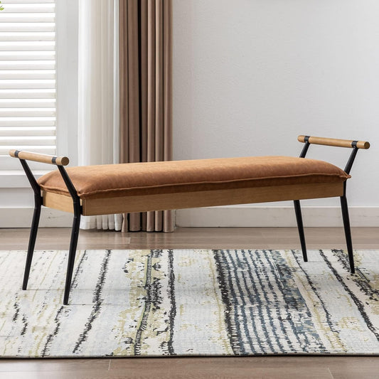 Modern Rectangle Ottoman Bench with Arms and Metal Legs, Mid Century PU Dining Table Bench Footstool Entryway Shoe Bench for Dining Room Bedroom Living Room, Brown