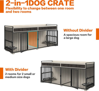 Double Dog Crate Furniture,Indoor 86.6 Inch Extra Large Metal Frame Heavy Duty Dog Crate Kennel Furniture for 2 Dogs with 6 Fabric Drawers,Removable Divider&360°Adjustable Raised Feeder