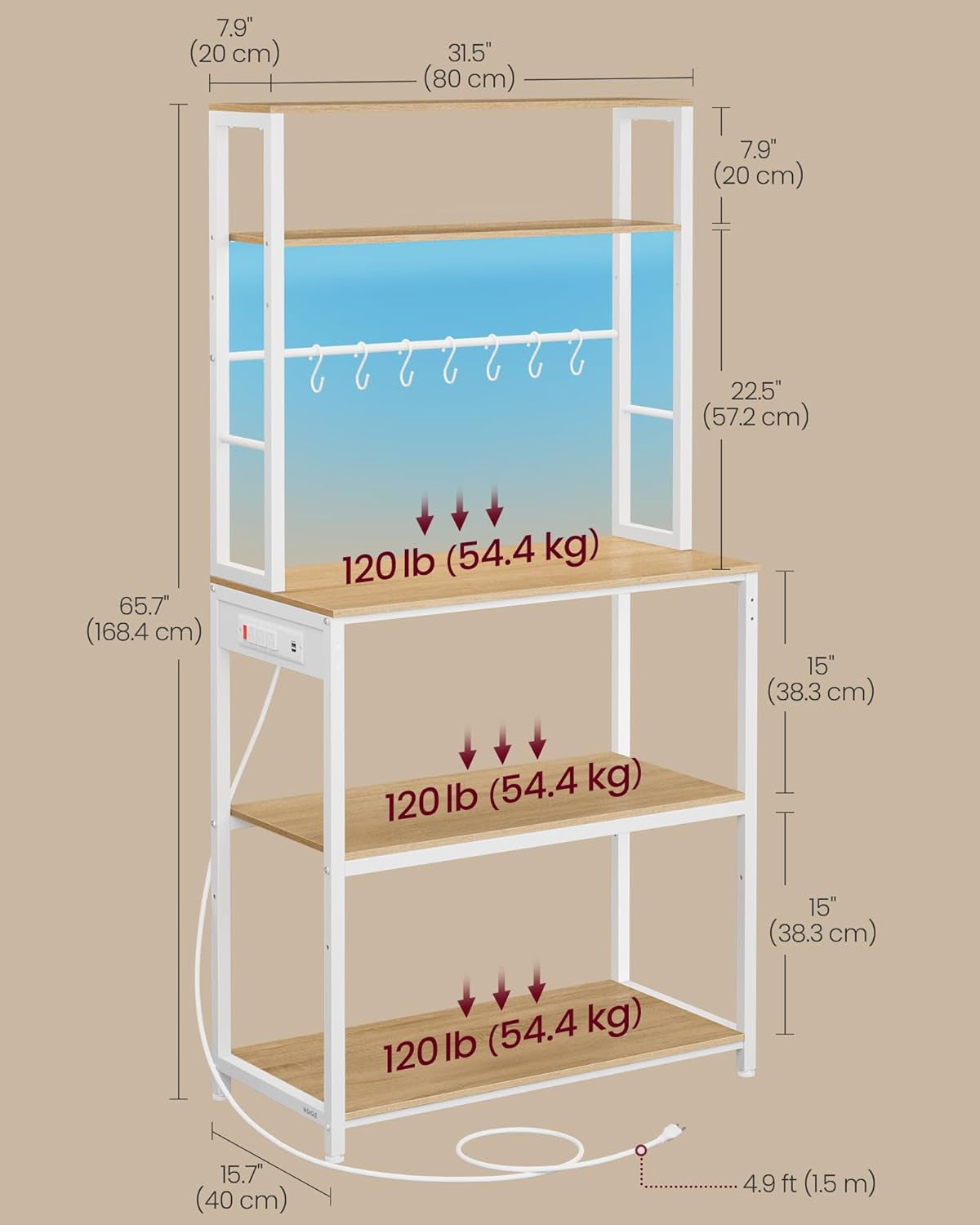 Coffee Bar with LED Lights, Kitchen Bakers Rack with Power Outlet, Microwave Stand with Adjustable Shelves, 8 Hooks, 15.7 X 31.5 X 65.7 Inches, Golden Oak and Matte White UKKS050Y01