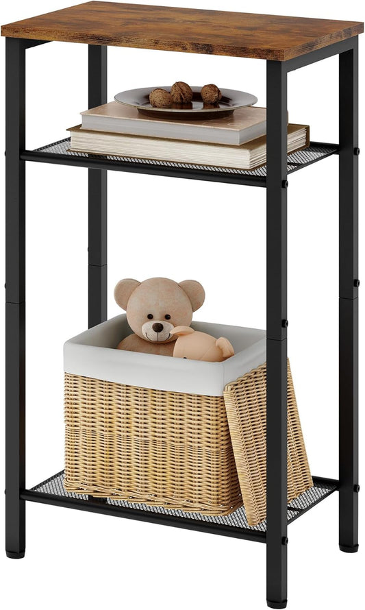 3 Tier End Table, Telephone Table, Narrow Side Table with Storage, Nightstand for Small Spaces, Metal Frame, for Living Room, Bedroom, Sofa Couch, Hall, Easy Assembly, Rustic Brown