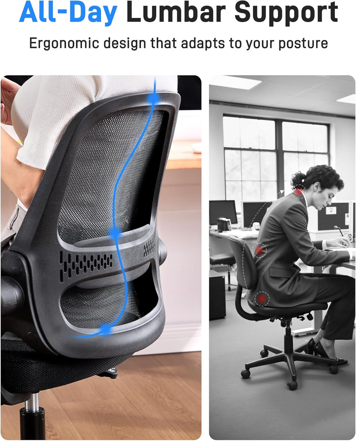 Ergonomic Mesh Office Chair for Home Office, Flip-Up Arms, Breathable Mesh Back & Thick Seat Cushion, Swivel Rolling Computer Desk Chair, BIFMA Certified, Supports 300 Lbs (Black Frame/Black Seat)