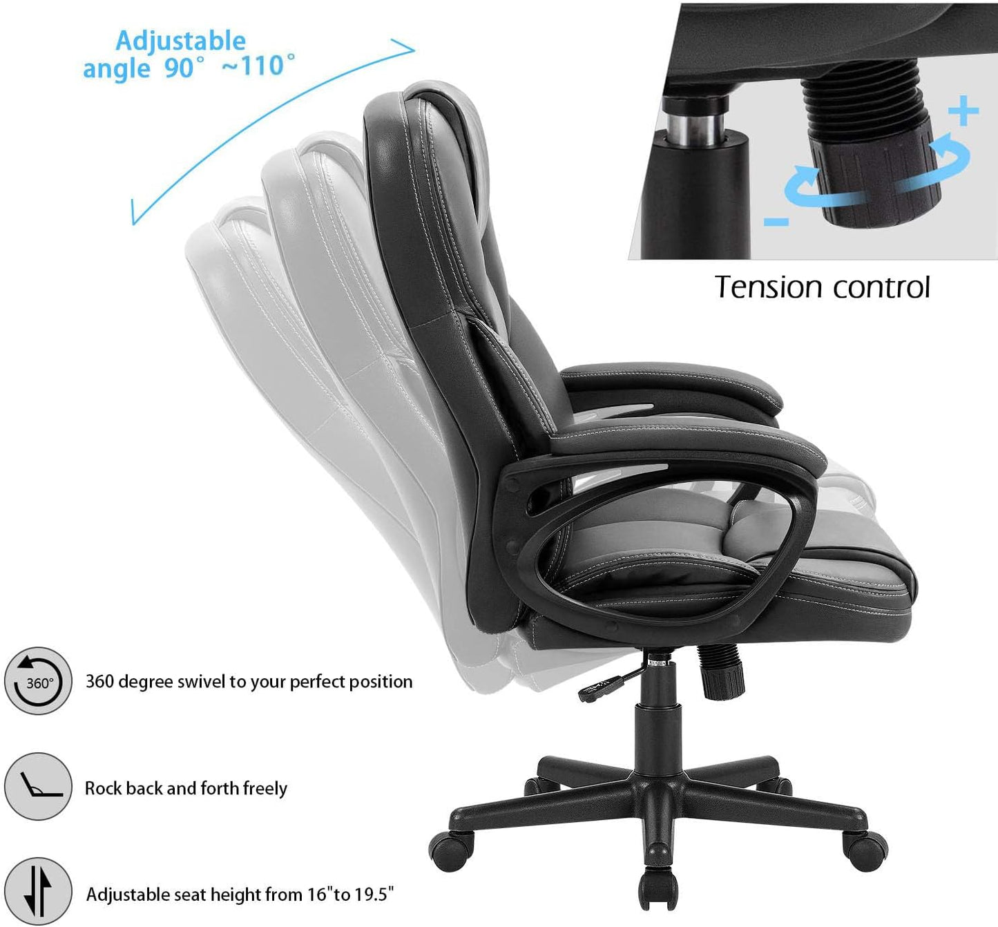 Office Executive Chair High Back Adjustable Managerial Home Desk Chair, Swivel Computer PU Leather Chair with Lumbar Support (1, Black)