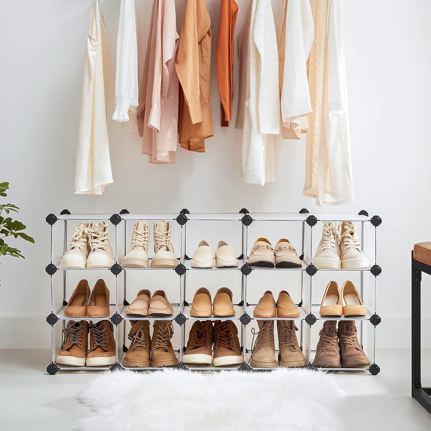 Shoe Rack with 16 Cubes, Interlocking Plastic Shoe Organizer, DIY Storage Cabinet for Closet Entryway Bedroom Garage, Space Saving Design, 12 X 35.1 X 27.2 Inches, Transparent ULPC445W02