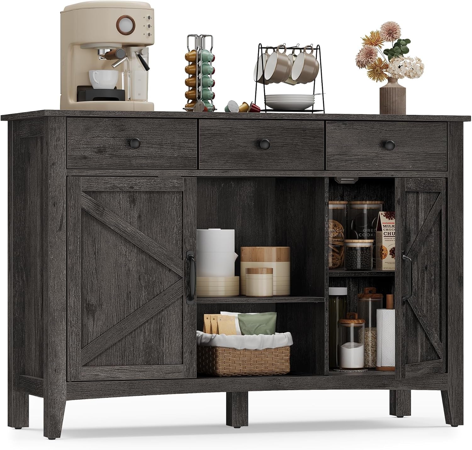 LIRY Collection - Buffet Cabinet, Coffee Bar Cabinet with 3 Drawers, Adjustable Shelves, Sideboard Storage with Cable Holes, Drawer Dividers, Antique Charcoal UBBK371B02V1