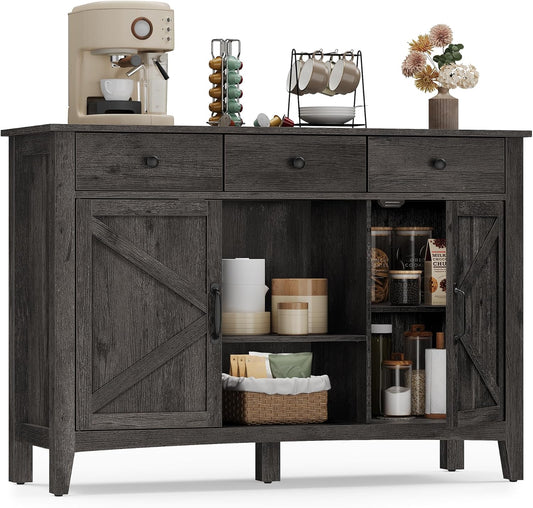 LIRY Collection - Buffet Cabinet, Coffee Bar Cabinet with 3 Drawers, Adjustable Shelves, Sideboard Storage with Cable Holes, Drawer Dividers, Antique Charcoal UBBK371B02V1