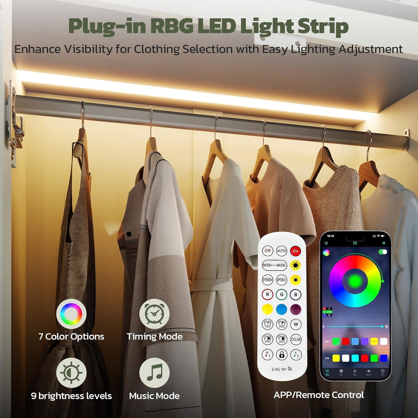 73'' Tall Farmhouse Armoire Wardrobe Closet with LED Light, Wood Wardrobe Closet with 2 Doors 3 Drawers, Freestanding Bedroom Armoire Clothing Storage Cabinet, Antique White