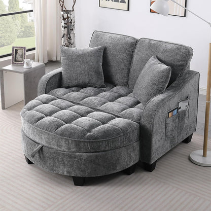 Oversized Curved Chaise Lounge Chair Indoor with Ottoman, 54.8" Cloud Boneless Reading Chair Soft Chenille Circle Couch for Living Room, Apartroom, Bedroom, Grey