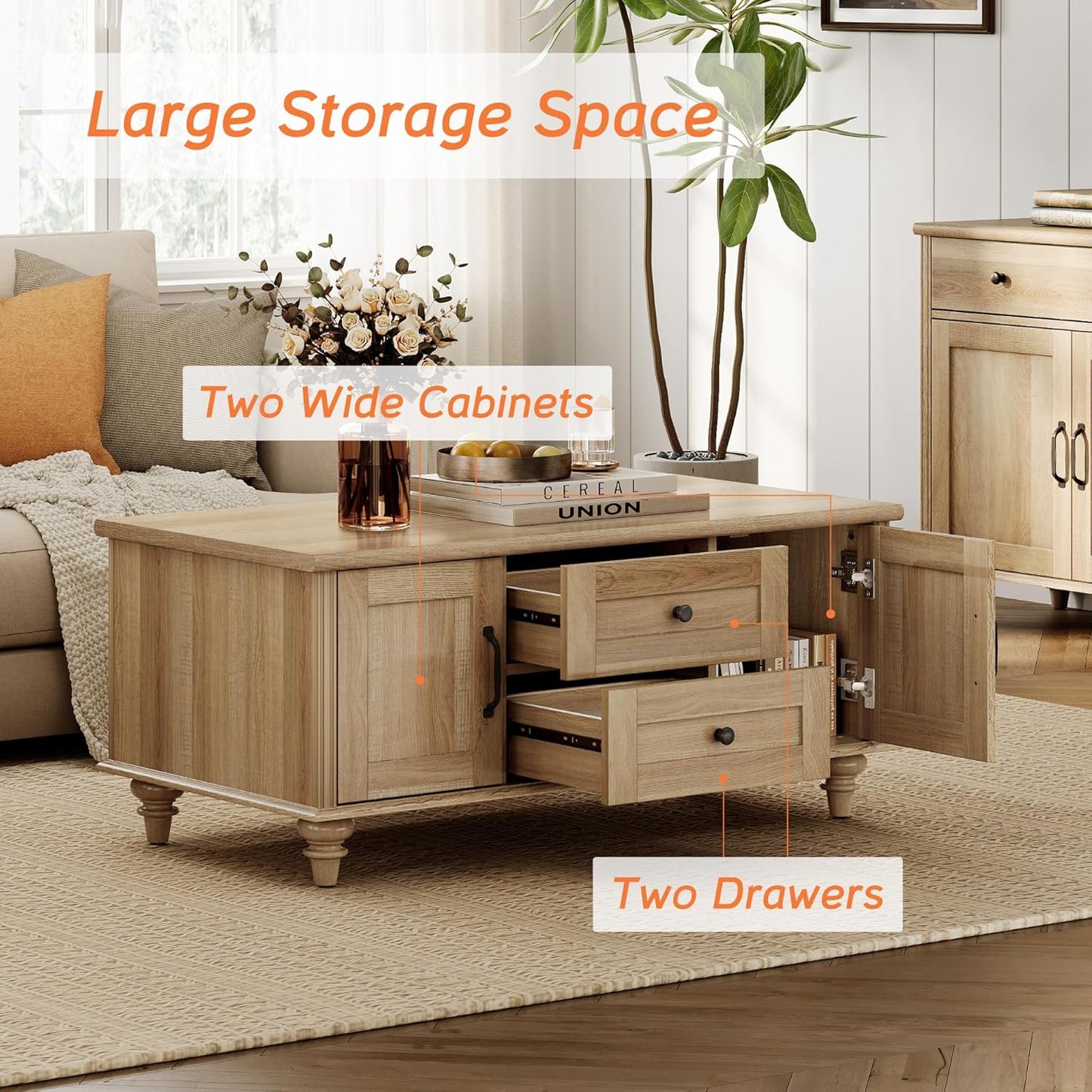 Farmhouse Coffee Table with Storage Cabinet, Wooden Coffee Tables for Living Room, Rustic Tea Table Rectangle Center Table with Drawers for Home, Oak