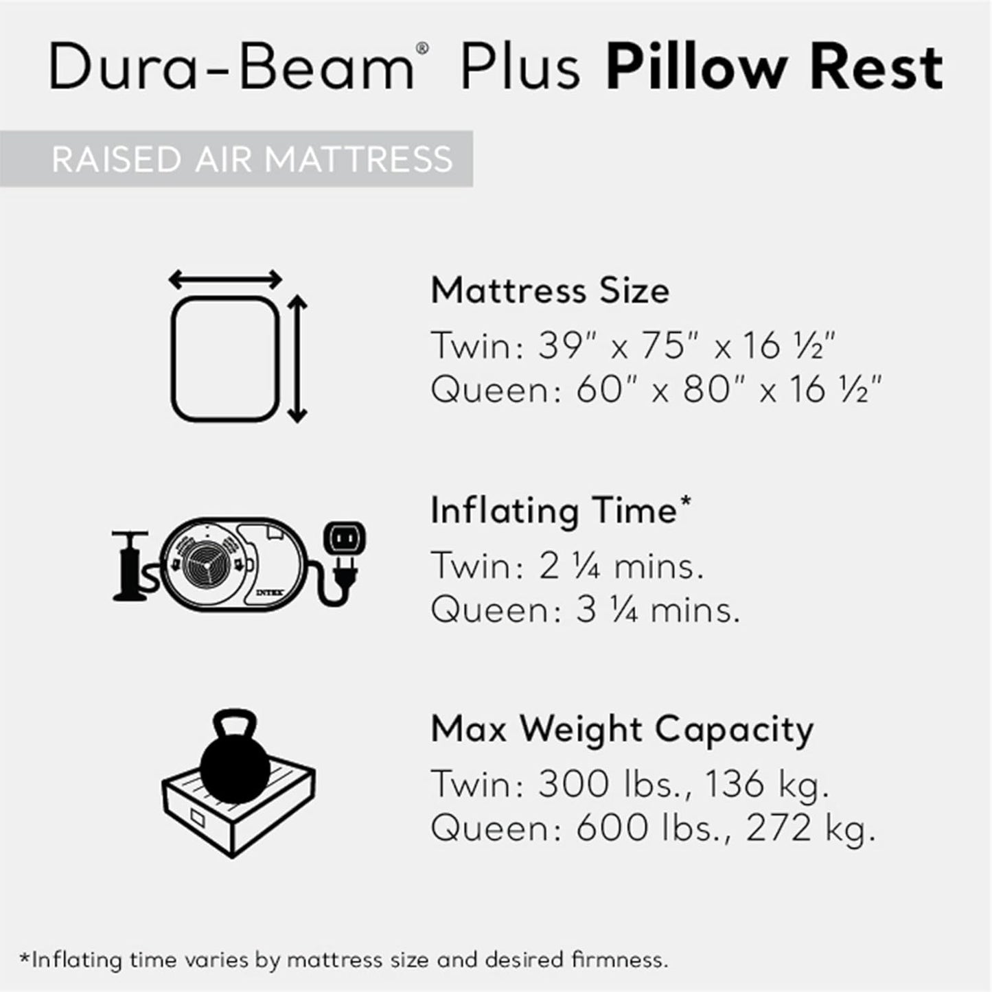Air Mattress, 64123ED Dura-Beam plus Pillow Rest Fiber-Tech – Queen Size – Built-In Electric Pump – 16.5In Bed Height – 600Lb Weight Capacity