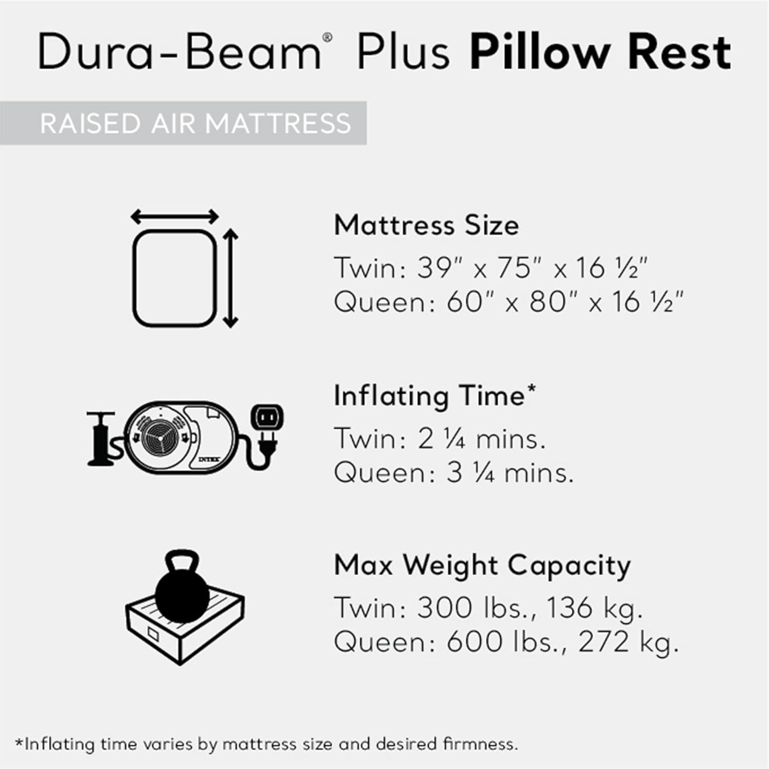Air Mattress, 64123ED Dura-Beam plus Pillow Rest Fiber-Tech – Queen Size – Built-In Electric Pump – 16.5In Bed Height – 600Lb Weight Capacity