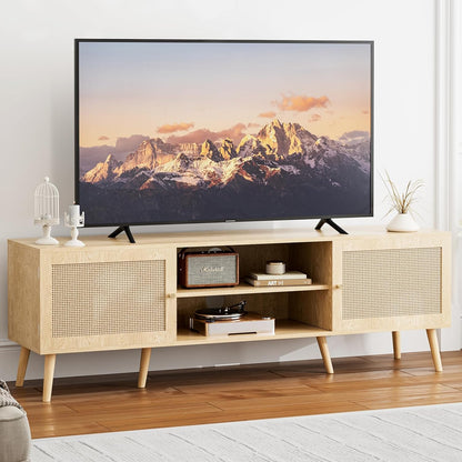 TV Stand for Tvs up to 65'', Entertainment Center with Rattan Door, Shelves & 2 Cabinets, Long Boho Media Console for Living Room, Natural