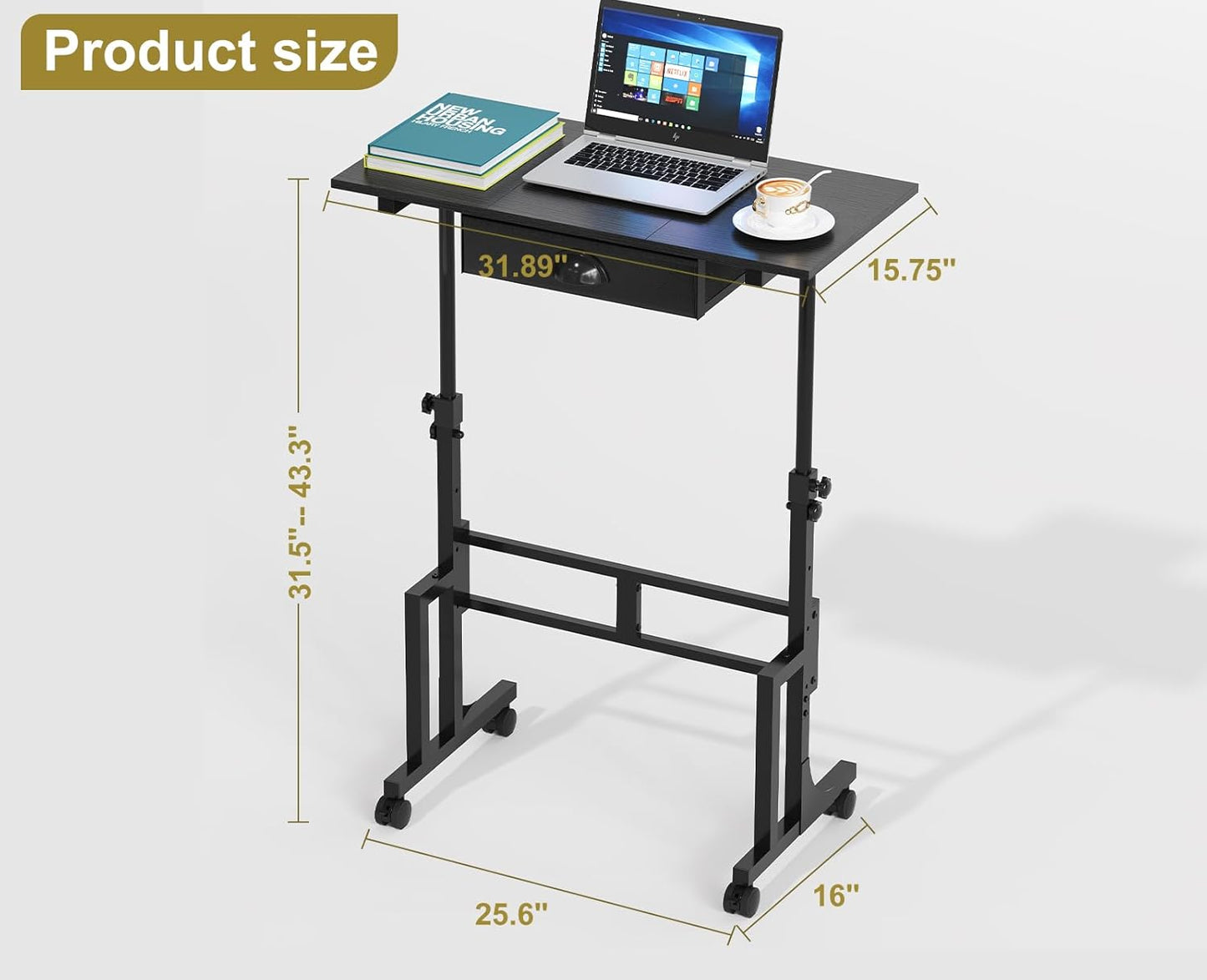 Adjustable Height Standing Desk with Drawer, Rolling Sit Stand up Desk with Wheels, Small Sit to Stand Computer Desk, Adjustable Desktop Height, on Wheels, Black, for Walking Pad Laptop Treadmill