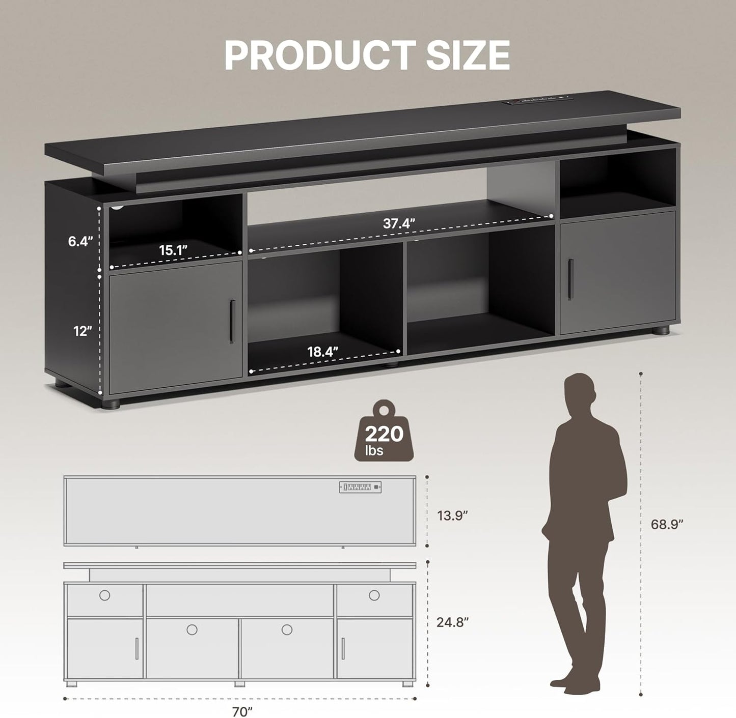 TV Stand, Entertainment Center with LED Lights and Cabinet for 70/75/80 Inch TV, Modern TV Console Gaming Media Television Stands with Power Outlets for PS5 in Living Room and Bedroom, Black