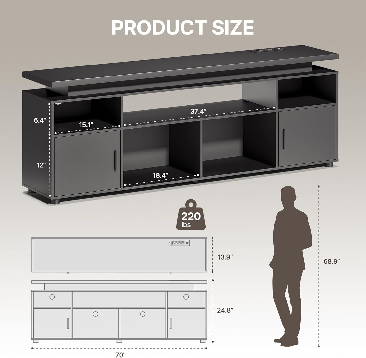 TV Stand, Entertainment Center with LED Lights and Cabinet for 70/75/80 Inch TV, Modern TV Console Gaming Media Television Stands with Power Outlets for PS5 in Living Room and Bedroom, Black