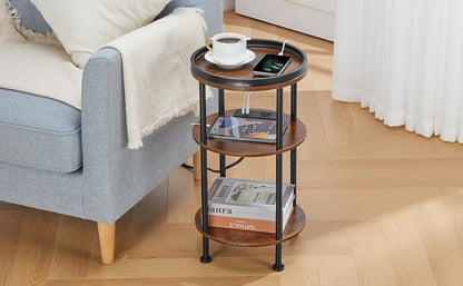Small round Side Table with Charging Station for Small Spaces, 3-Tier round Accent Table with USB Ports & Power Outlets, Corner Table Sofa End Table for Living Room Bedroom (USB Charger, Rustic Brown)