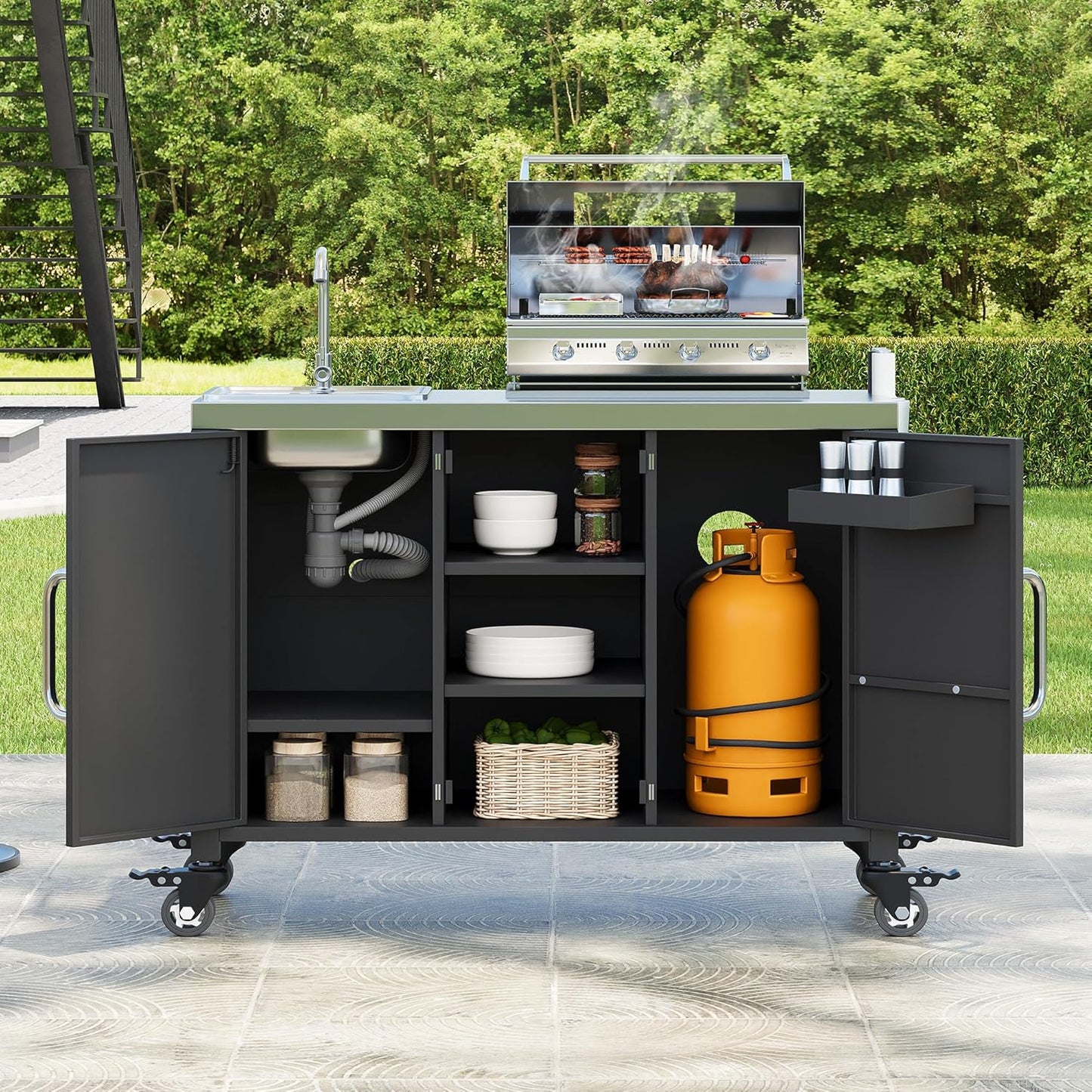 55.5" Outdoor Kitchen Island with Stainless Steel Sink, Outdoor Bar Cart Sink Station with 4 Lockable Wheel for Pizza Prep & BBQ Black