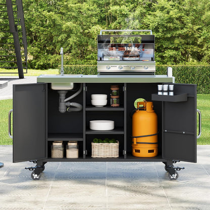 55.5" Outdoor Kitchen Island with Stainless Steel Sink, Outdoor Bar Cart Sink Station with 4 Lockable Wheel for Pizza Prep & BBQ Black