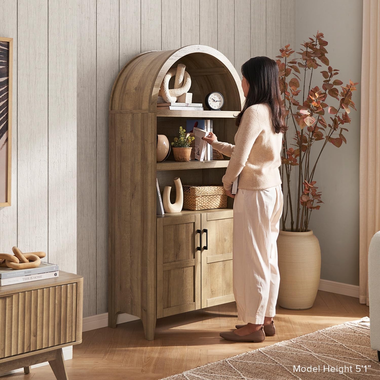 Lauren 65.4" Short Arched Cabinet, the Original 5-Tier Bookcase with Doors and Shelves, Mini Arch Bookshelf with Storage, Wooden Storage Cabinet for Living Room and Kitchen Pantry (Oak)