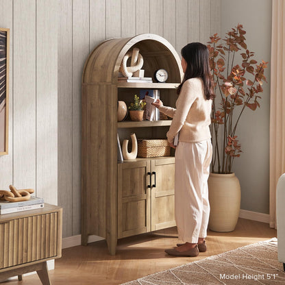 Lauren 65.4" Short Arched Cabinet, the Original 5-Tier Bookcase with Doors and Shelves, Mini Arch Bookshelf with Storage, Wooden Storage Cabinet for Living Room and Kitchen Pantry (Oak)