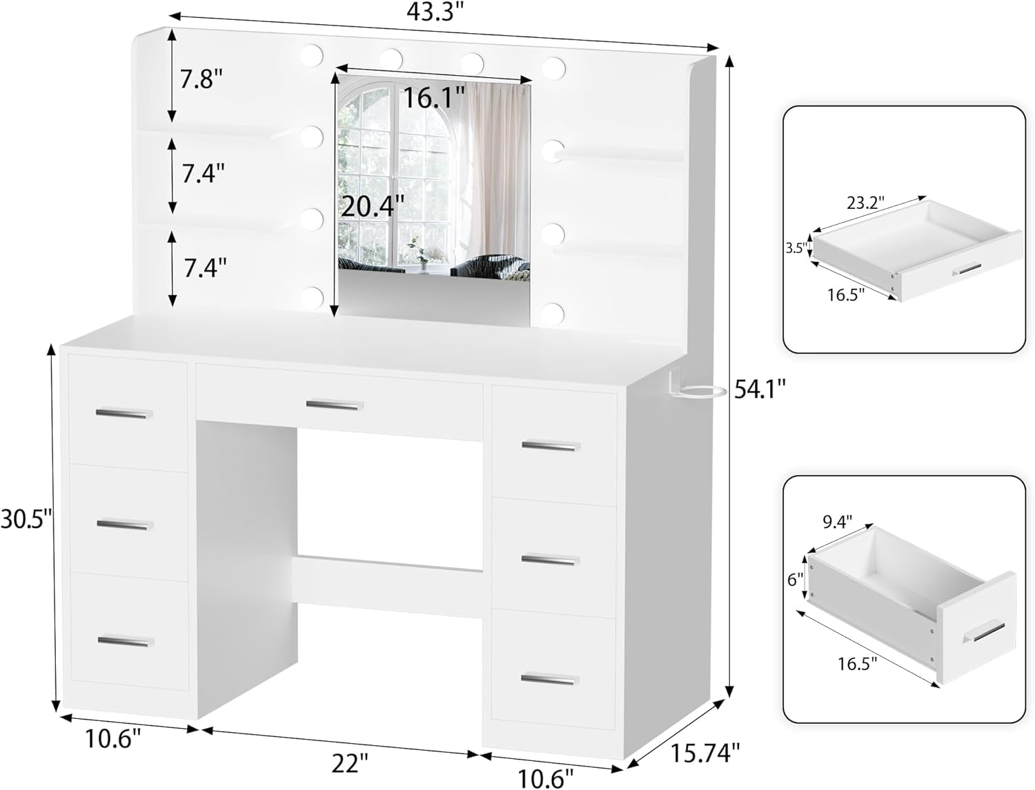 Vanity Desk with Mirror, Power Outlet and 10 Lights, Makeup Table with 7 Drawers, 3 Color Modes Available for Bedroom, Pure White