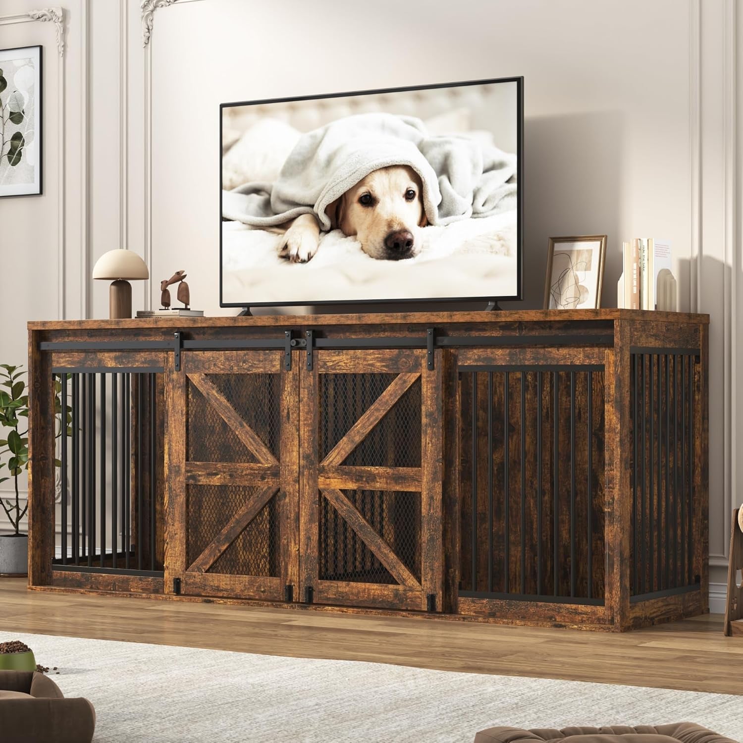 87In Farmhouse Dog Crate TV Stand, Wooden Dog Kennel Furniture with Sliding Metal Mesh Barn Door, Large Dog Crate Furniture for 2 Dogs, Solid Metal Tube & 2 Lockable Doors, Rustic Brown