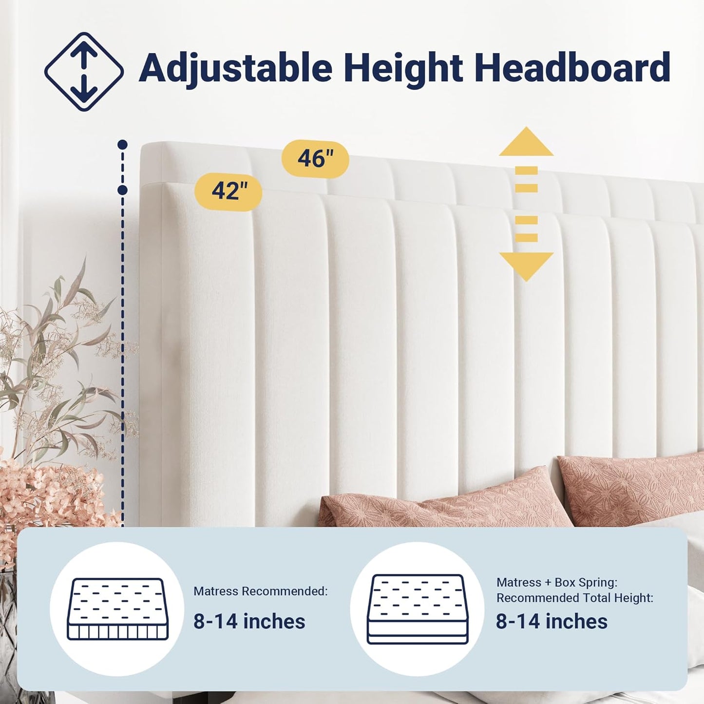 Queen Size Storage Bed Frame, Vertical Channel Tufted Adjustable Headboard, Velvet Upholstered Platform Bed with 4 Oversized Underbed Drawers, Wooden Slats Support, No Box Spring Needed, White