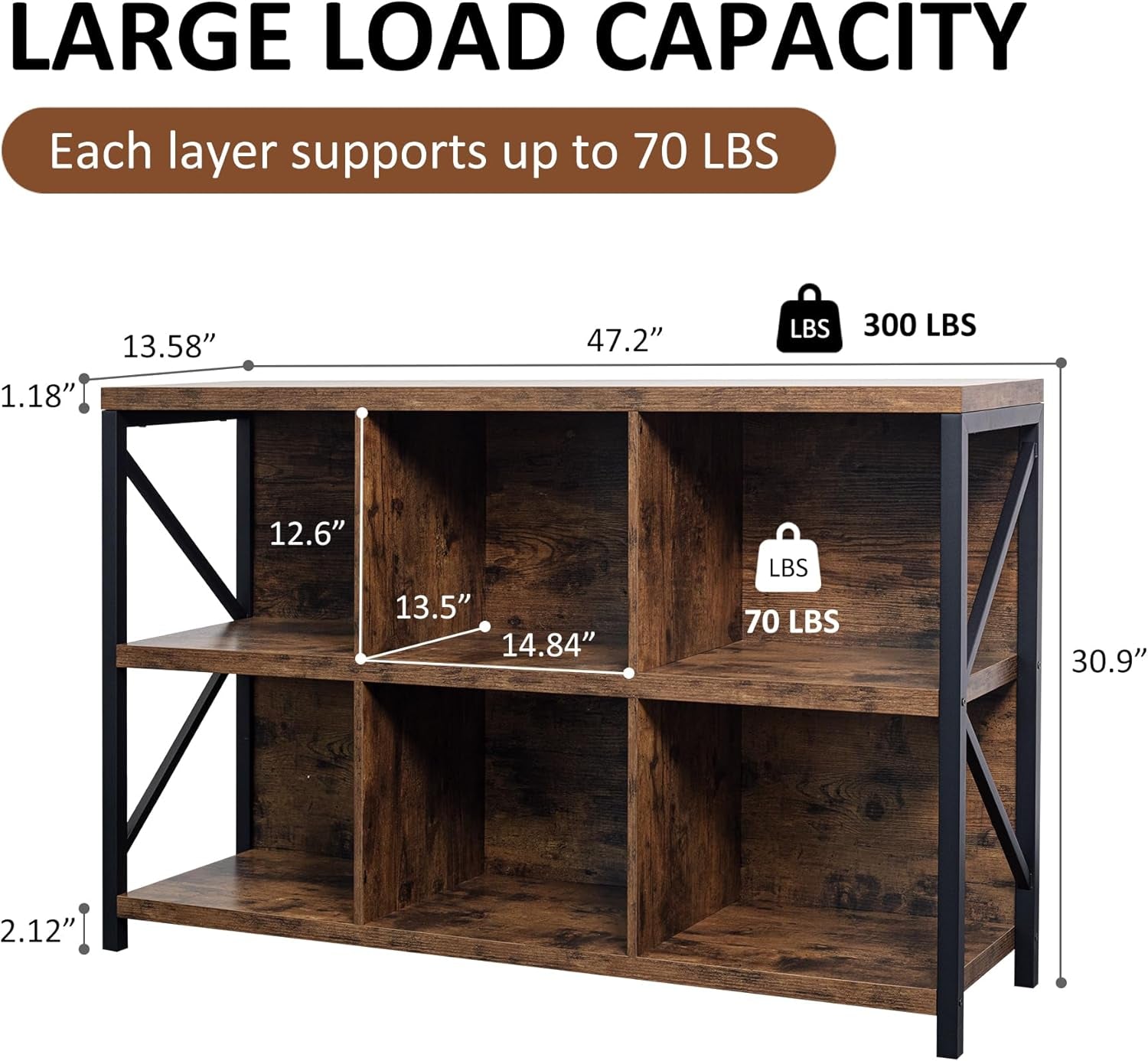 6 Cube Storage Organizer Bookshelf, Industrial Horizontal Bookcase, Accent Cubby Shelf, Media Console Table for Living Room, Home Office, 13.6" D X 47.2" W X 30.9" H, Rustic Brown