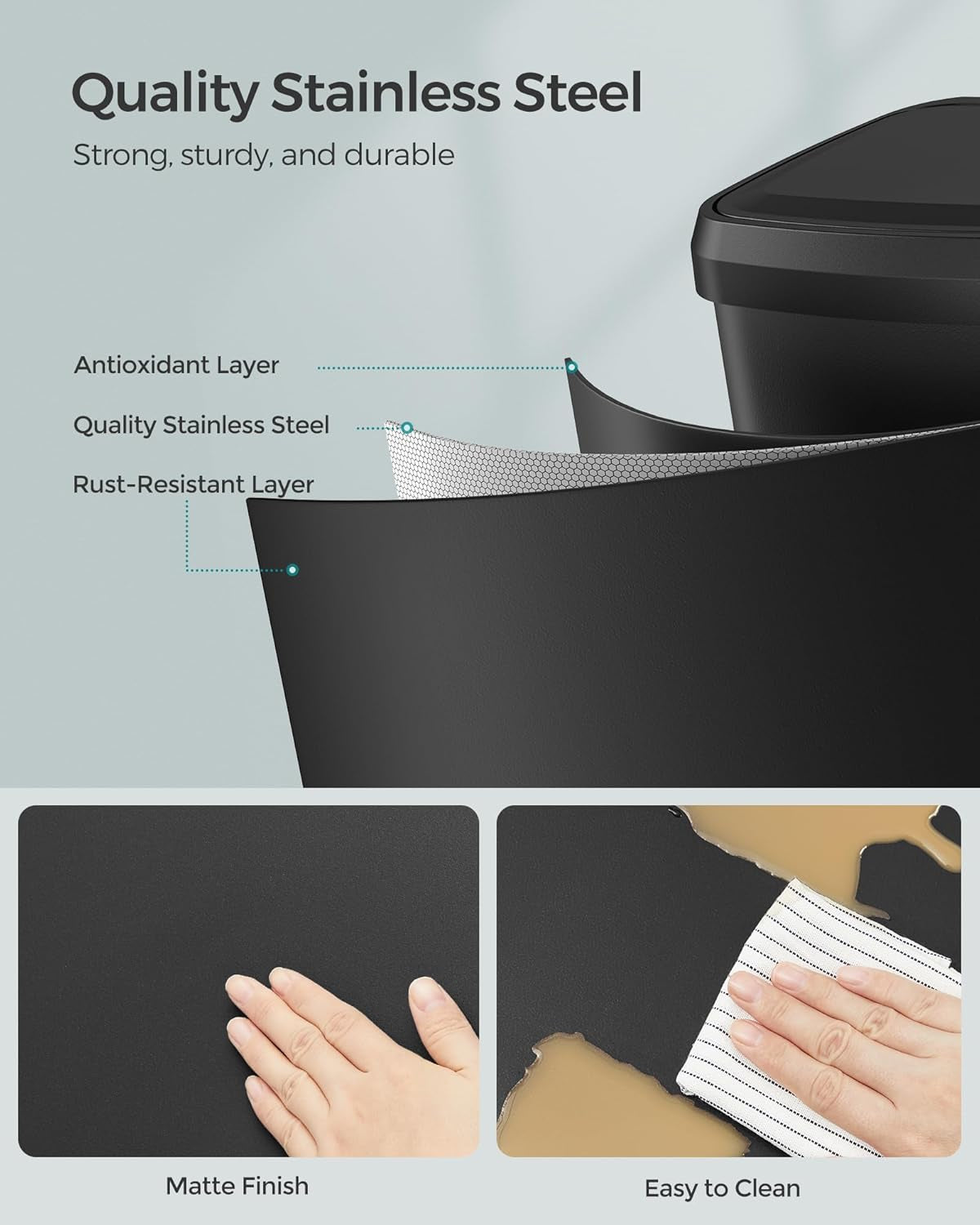 Kitchen Trash Can, 13 Gallon (50 L) Stainless Steel Garbage Can, with Stay-Open Lid and Step-On Pedal, Soft Closure, Tall, Large and Space-Saving, Black ULTB530B50