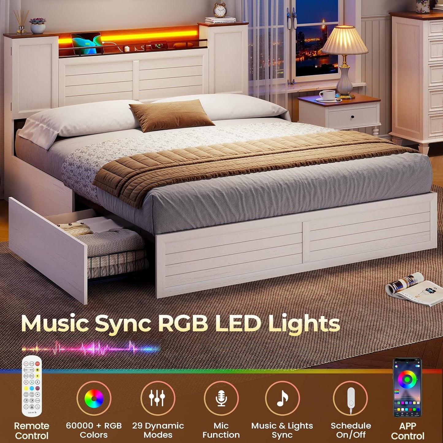 Farmhouse Queen Bed Frame with Headboard and Double Barn Door Storage Cabinets, Rustic Wooden Bed Frame Queen Size with Charging Station, 4 Drawers and LED Lights, No Box Spring Needed, White